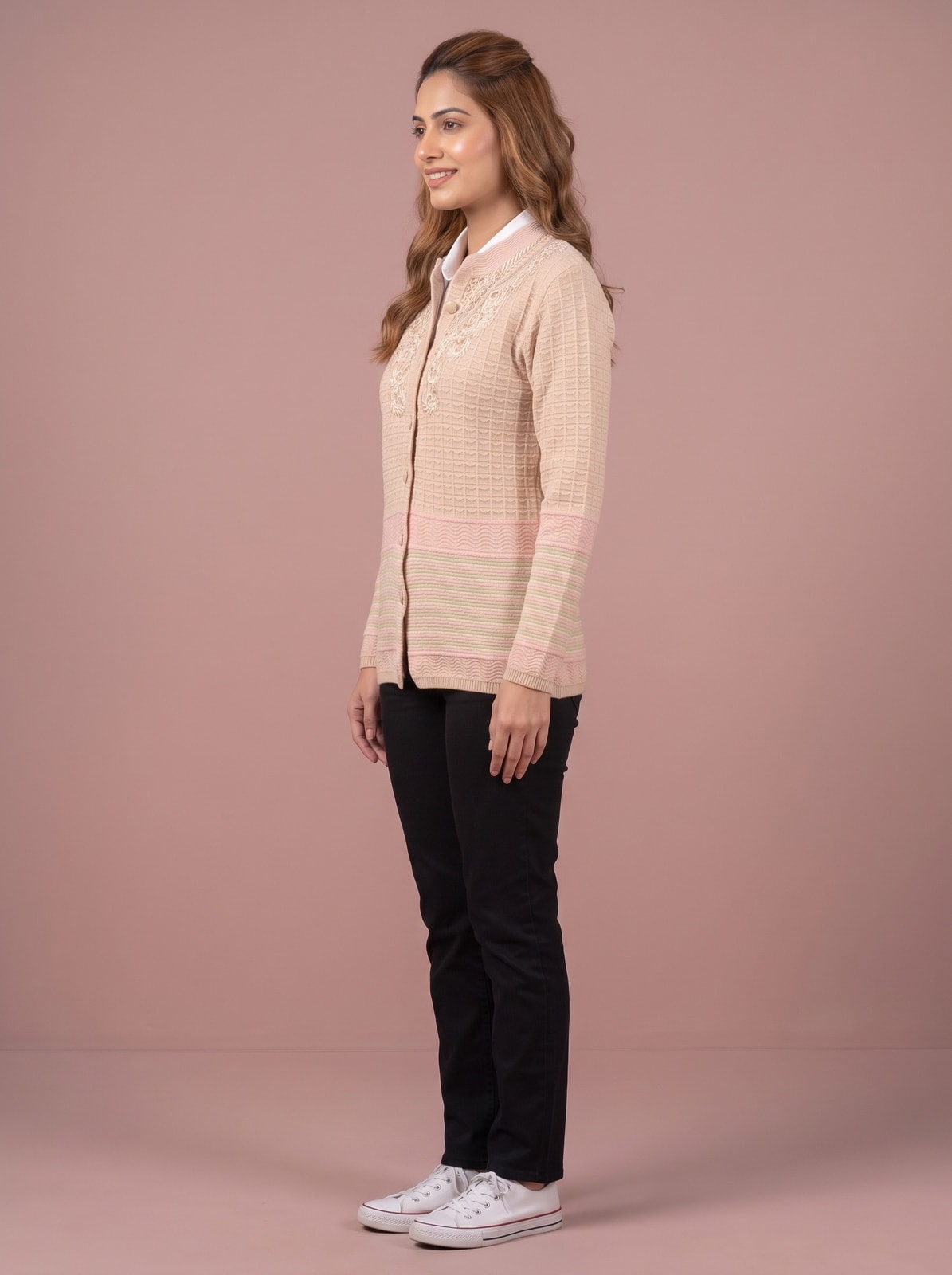 Peachmode Beige Waffle Knit Embroidered Woolen Cardigan - Image 3