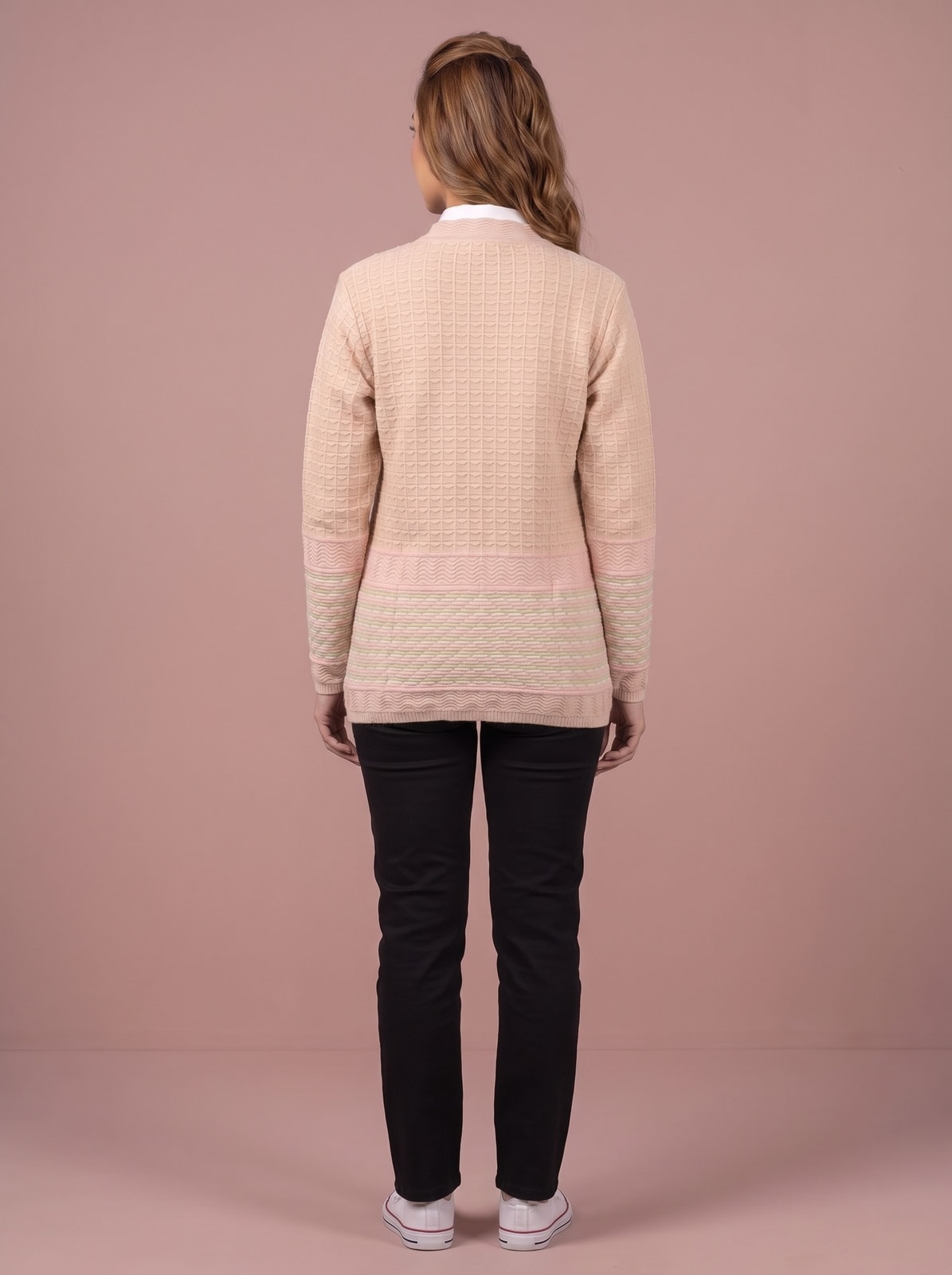 Peachmode Beige Waffle Knit Embroidered Woolen Cardigan - Image 4