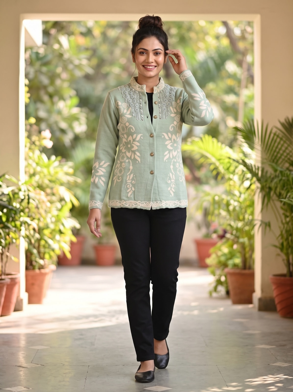 Peachmode Sage Green Floral Jacquard Woolen Cardigan - Image 2