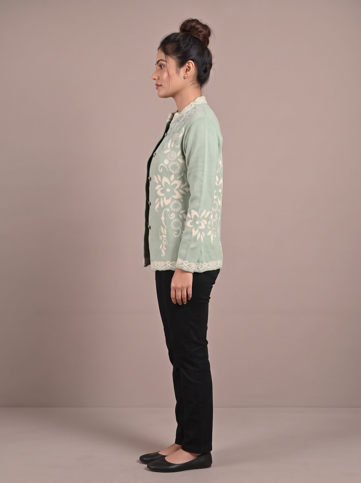 Peachmode Sage Green Floral Jacquard Woolen Cardigan - Image 3