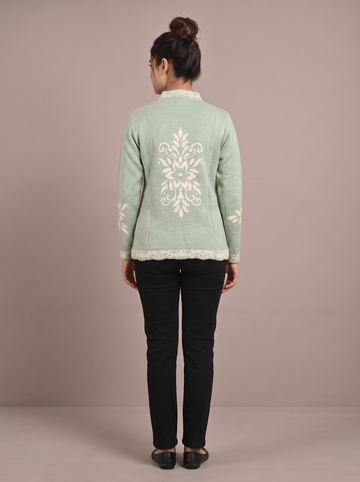 Peachmode Sage Green Floral Jacquard Woolen Cardigan - Image 4