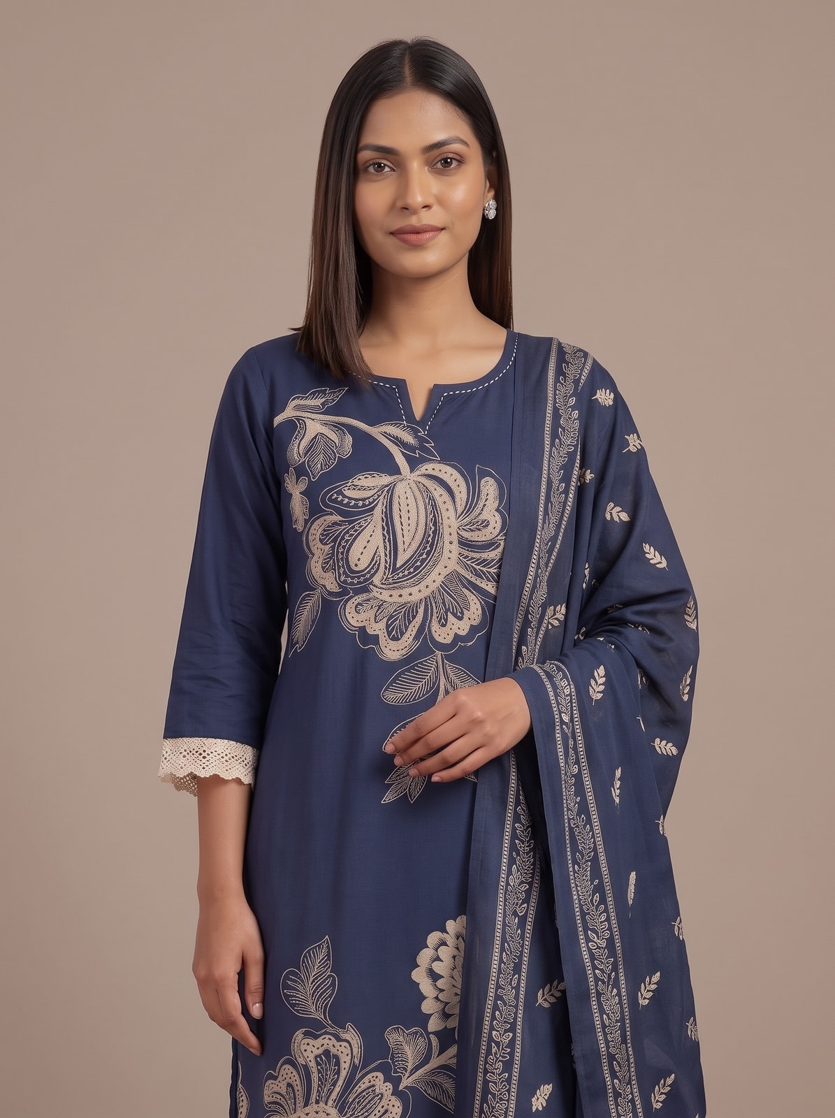 Peachmode Navy Blue Cotton Embroidered Salwar Suit - Image 5