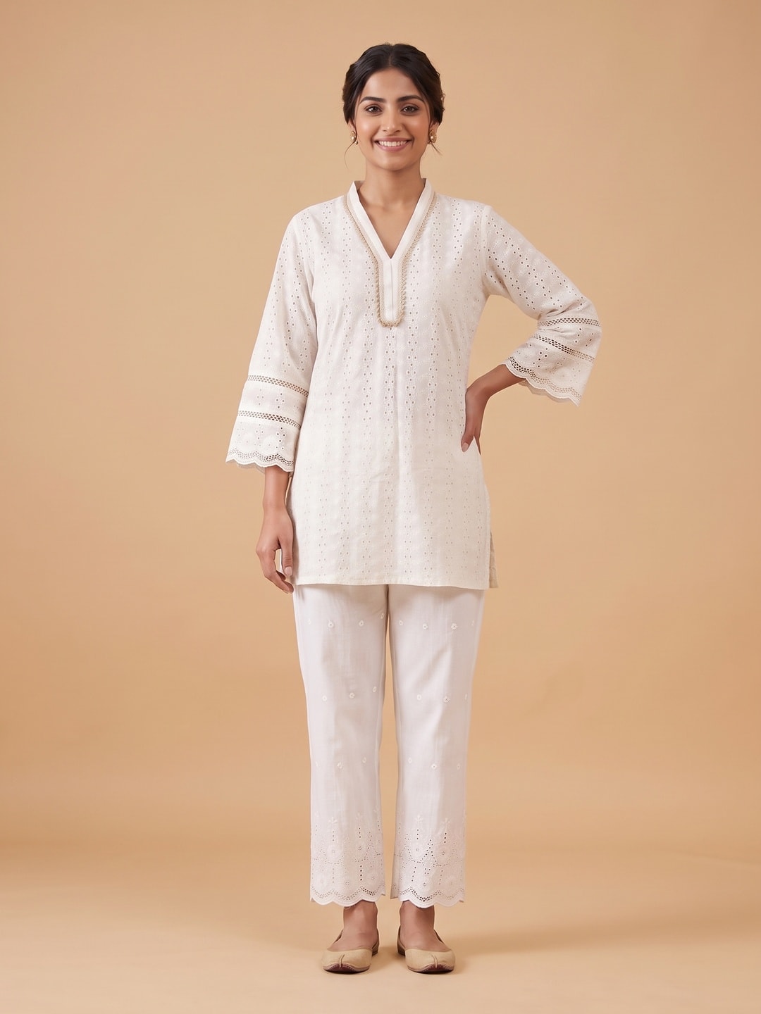 White Pure Cotton Schiffli Top Bottom Set - Image 1