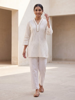 White Pure Cotton Schiffli Top Bottom Set - Image 2