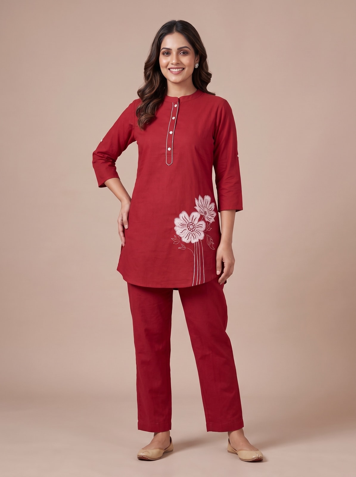 Peachmode Red Pure Cotton Floral Embroidered Co-ord Set - Image 1