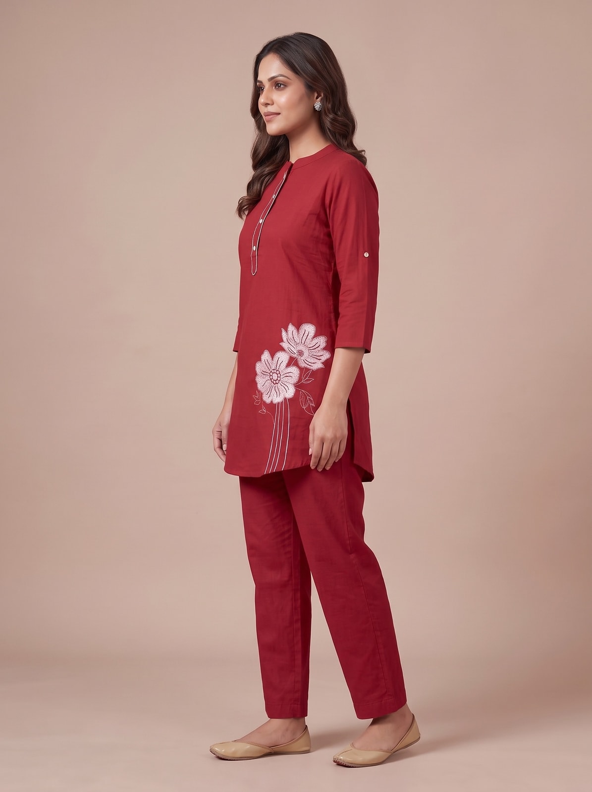 Peachmode Red Pure Cotton Floral Embroidered Co-ord Set - Image 3