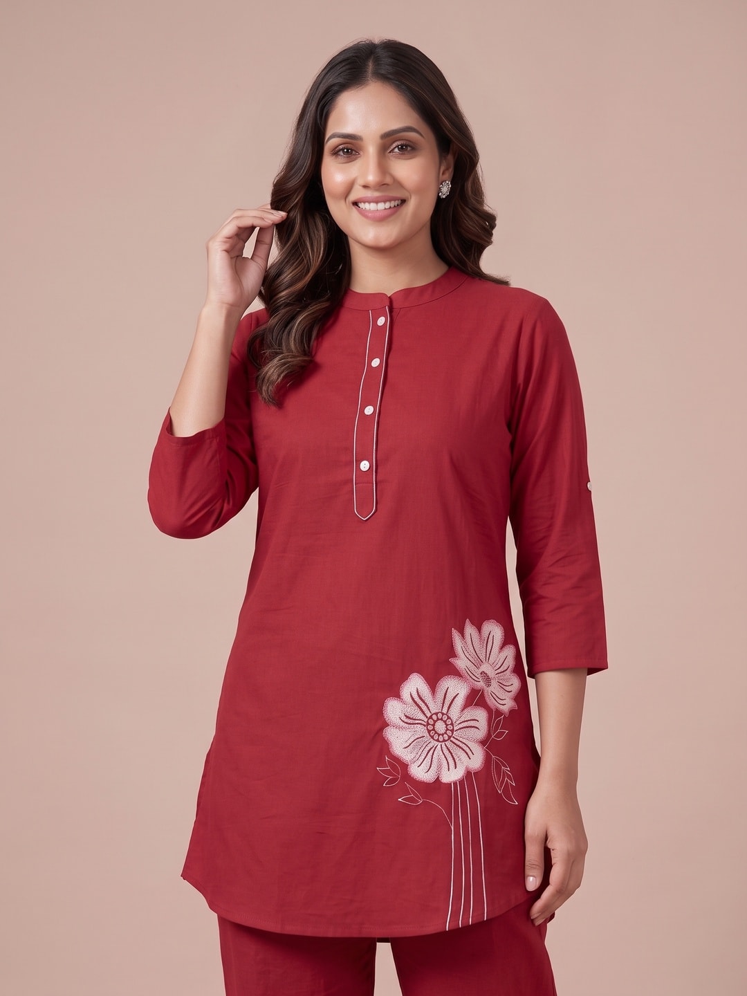 Peachmode Red Pure Cotton Floral Embroidered Co-ord Set - Image 5