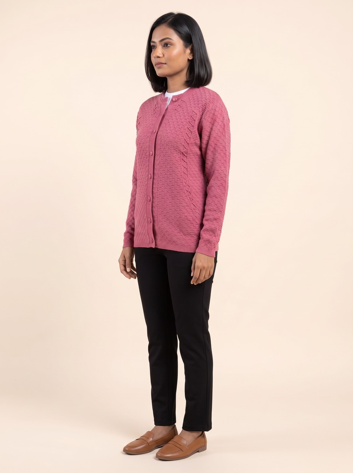 Peachmode Rose Pink Cable Knit Woolen Cardigan - Image 3