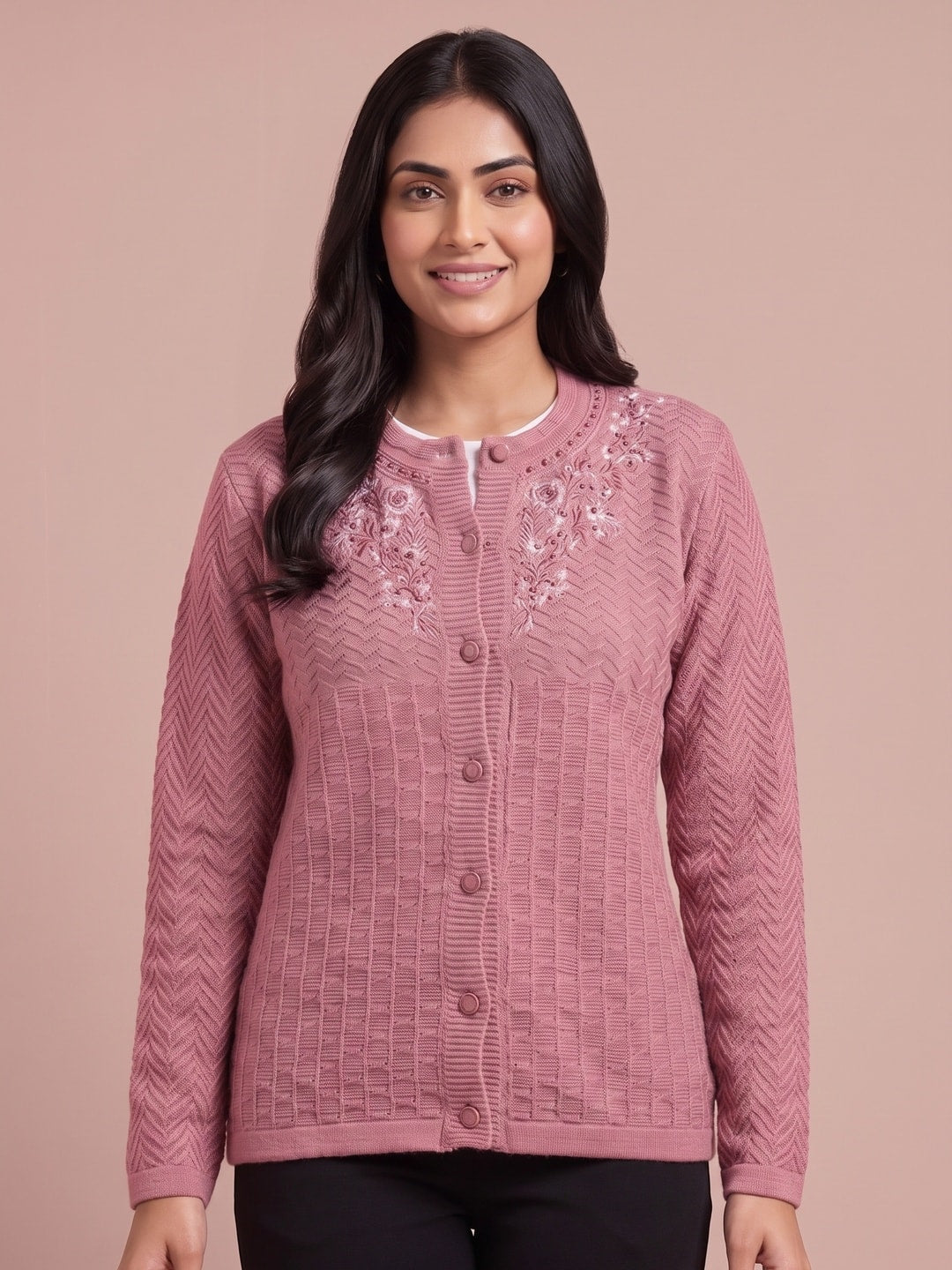 Peachmode Dusty Pink Waffle Knit Embroidered Woolen Cardigan - Image 1