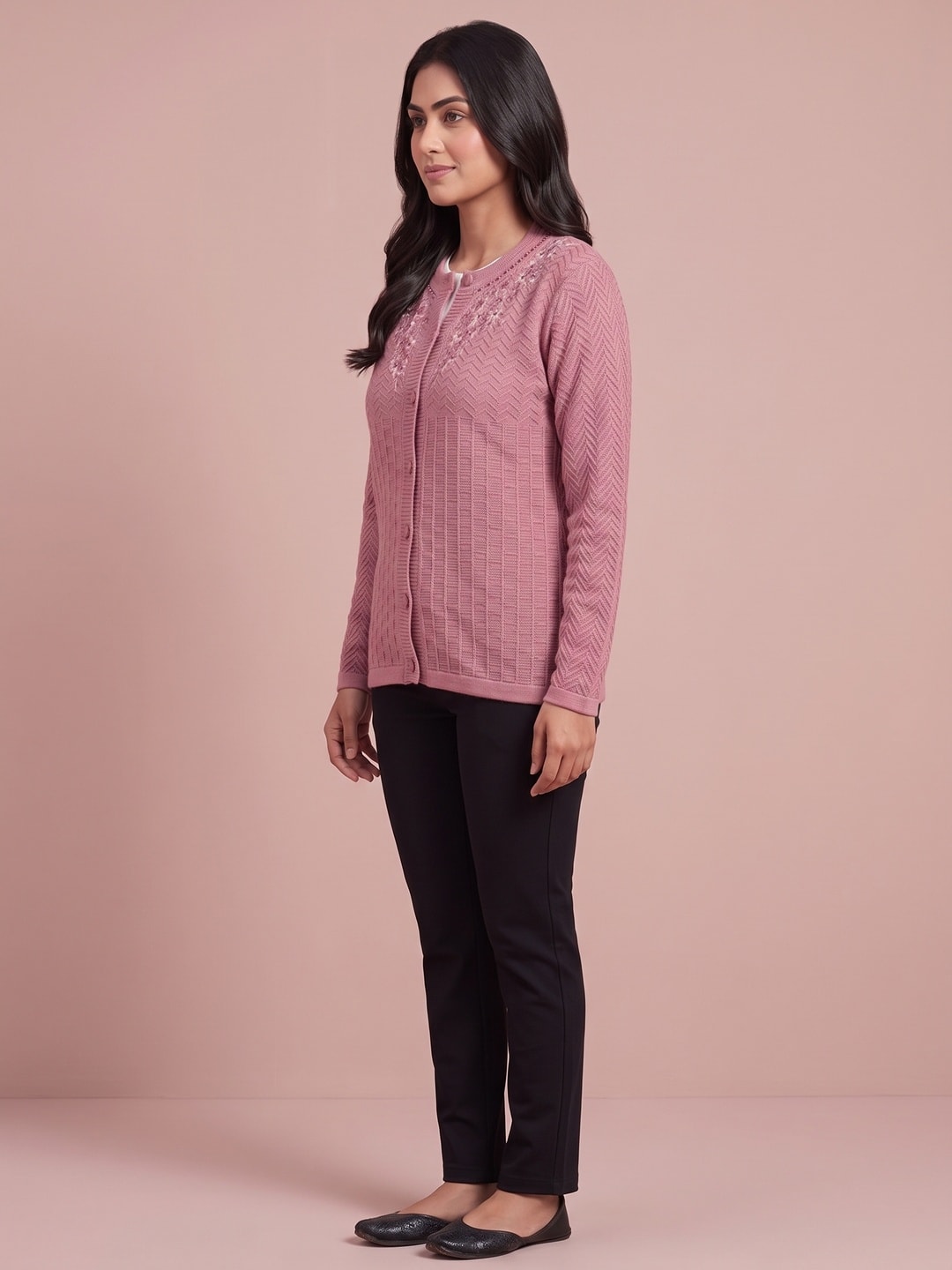 Peachmode Dusty Pink Waffle Knit Embroidered Woolen Cardigan - Image 3