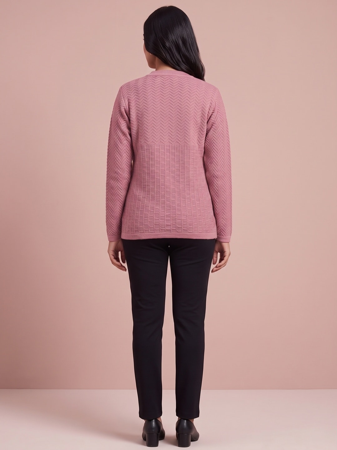 Peachmode Dusty Pink Waffle Knit Embroidered Woolen Cardigan - Image 4