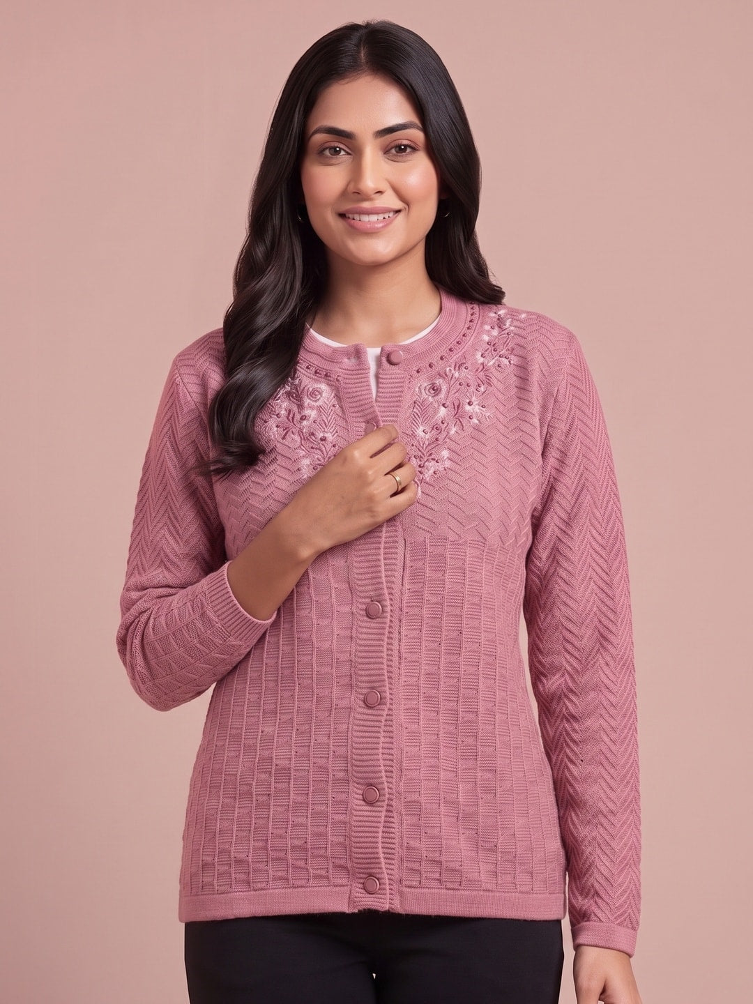 Peachmode Dusty Pink Waffle Knit Embroidered Woolen Cardigan - Image 5