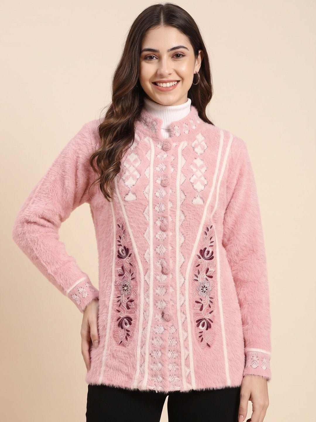 Peachmode Pink Fuzzy Jacquard Embroidered Woolen Cardigan - Image 1