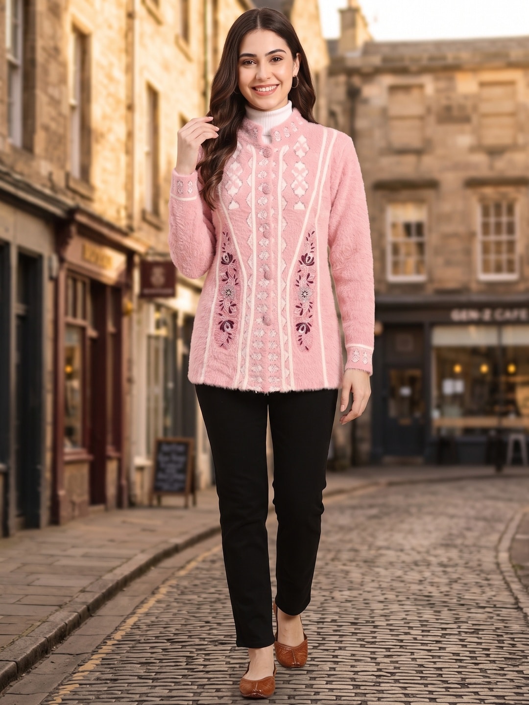 Peachmode Pink Fuzzy Jacquard Embroidered Woolen Cardigan - Image 2