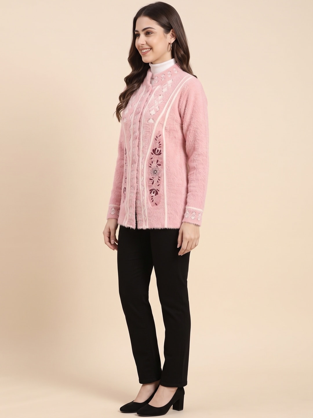 Peachmode Pink Fuzzy Jacquard Embroidered Woolen Cardigan - Image 3