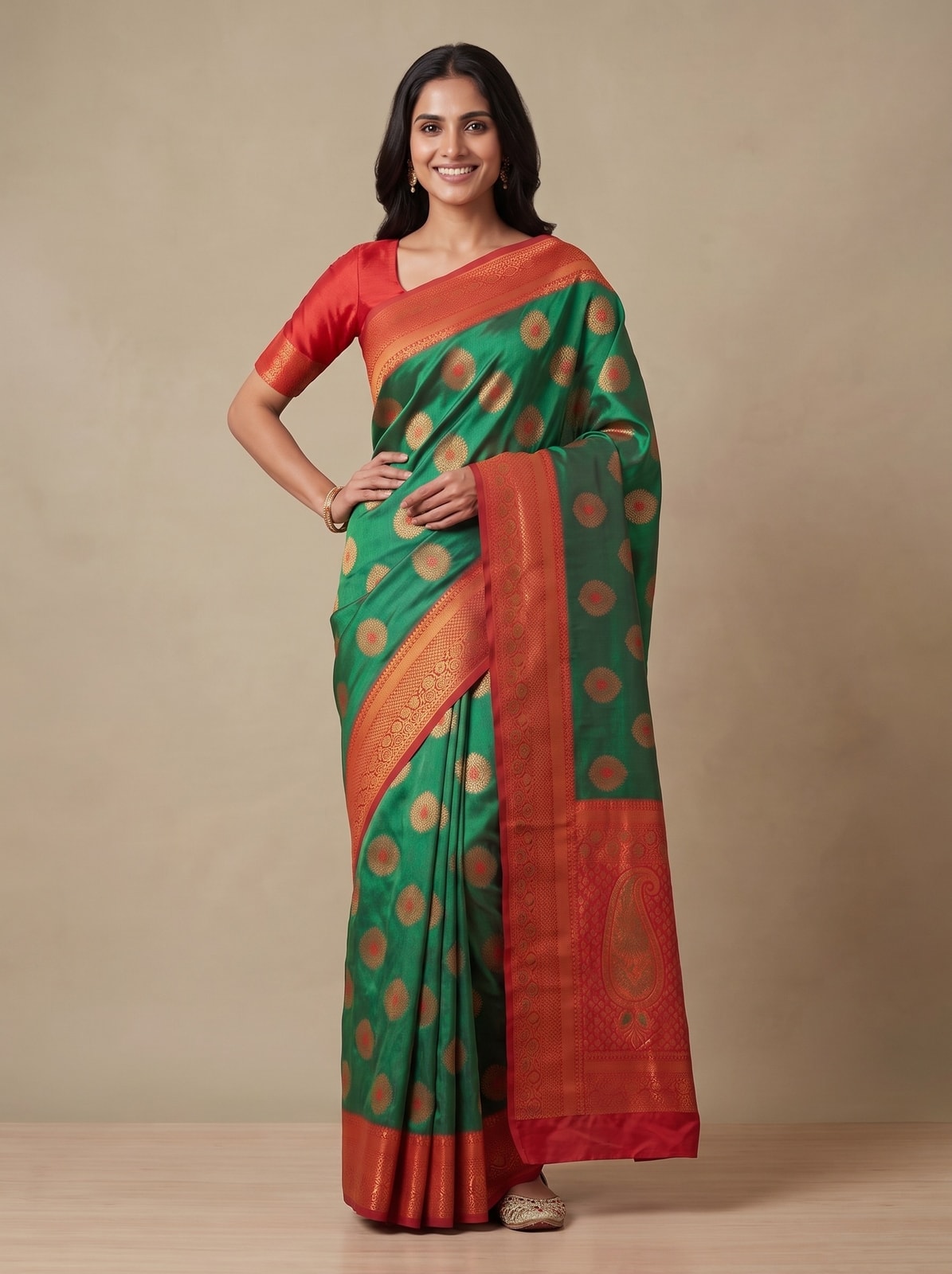 Peachmode Green Classima Pure Silk Woven Saree - Image 1