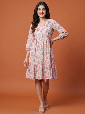 Peach Floral Printed Pure Cotton Dress - Image 1