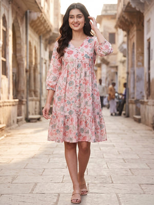 Peach Floral Printed Pure Cotton Dress - Image 2