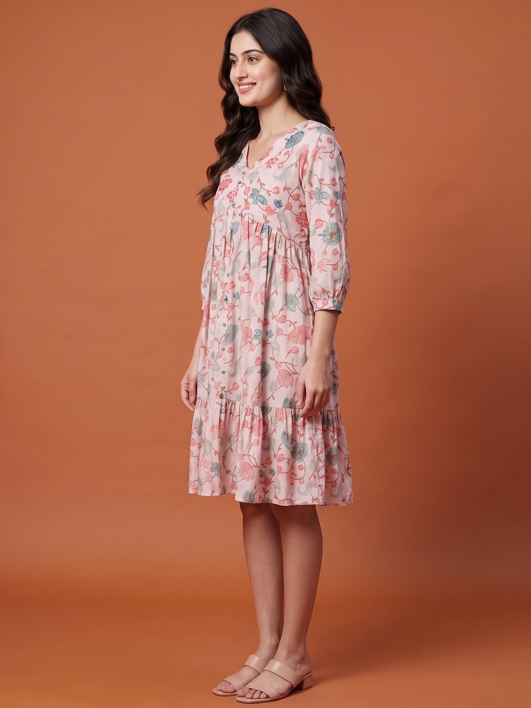 Peach Floral Printed Pure Cotton Dress - Image 3