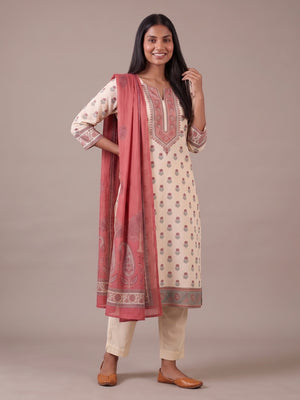 Peachmode Cream Muslin Embroidered Yoke Salwar Suit - Image 1