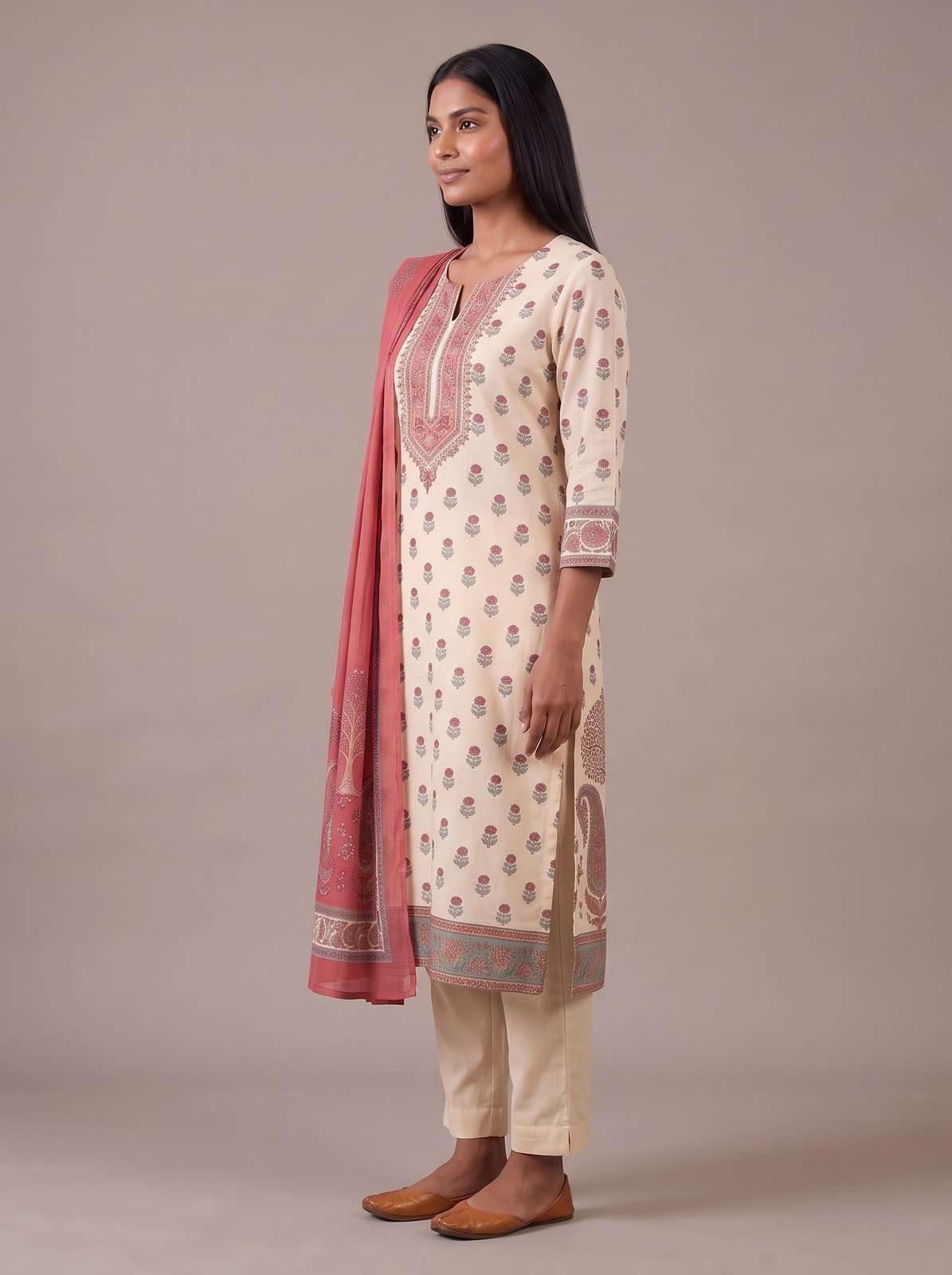 Peachmode Cream Muslin Embroidered Yoke Salwar Suit - Image 3
