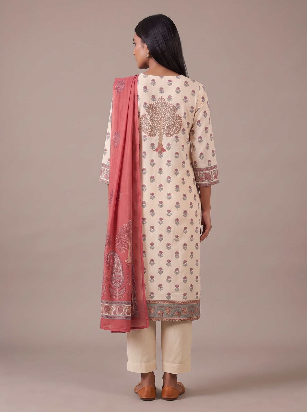 Peachmode Cream Muslin Embroidered Yoke Salwar Suit - Image 4