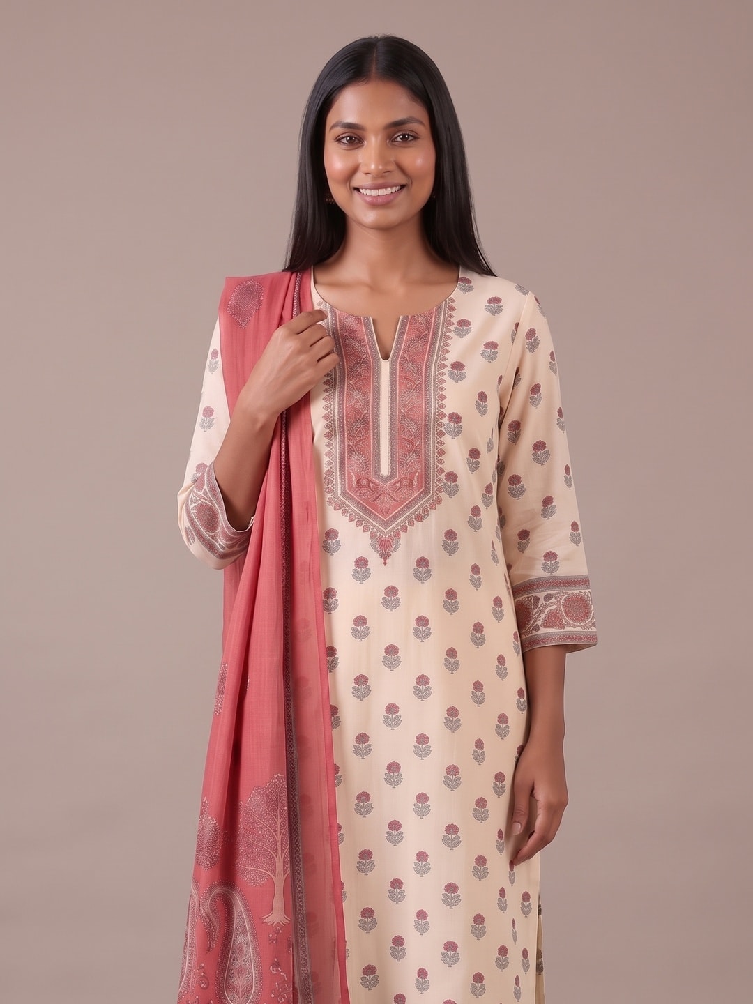 Peachmode Cream Muslin Embroidered Yoke Salwar Suit - Image 5