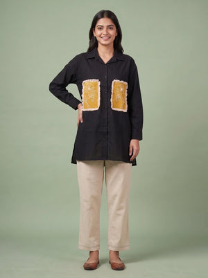 Peachmode Black Cotton Co-ord Set With Mustard Embroidered Patch Pockets - Image 1