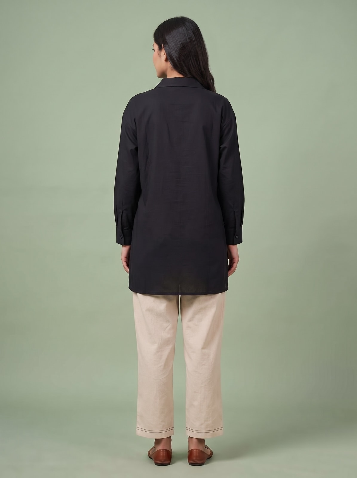 Peachmode Black Cotton Co-ord Set With Mustard Embroidered Patch Pockets - Image 4
