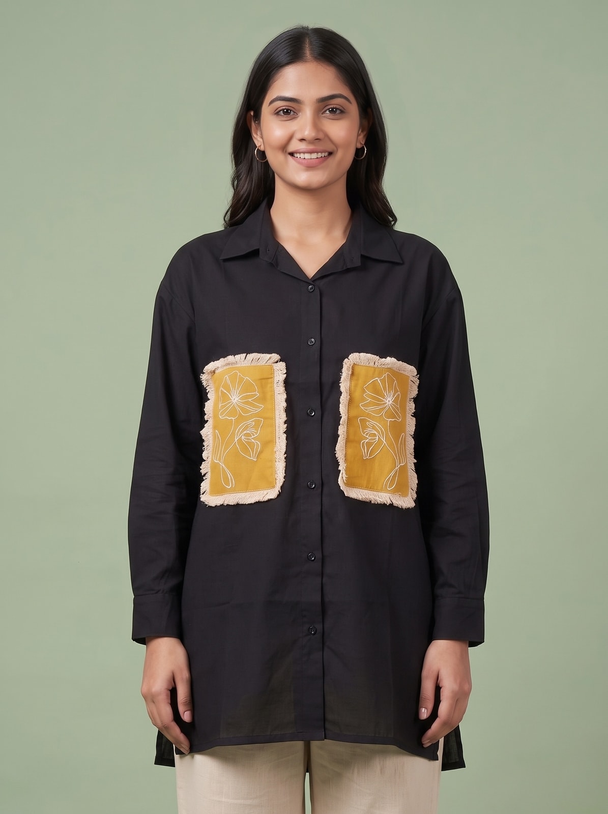 Peachmode Black Cotton Co-ord Set With Mustard Embroidered Patch Pockets - Image 5