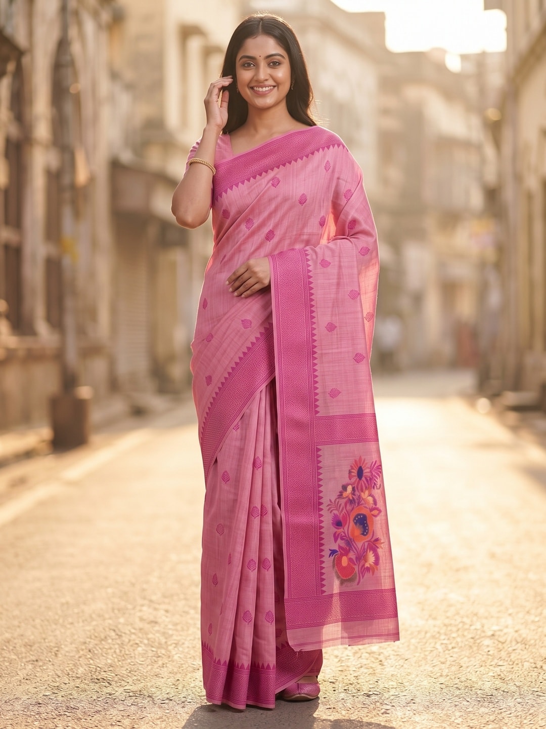 Peachmode Pink Jamdani Cotton Woven Saree - Image 2