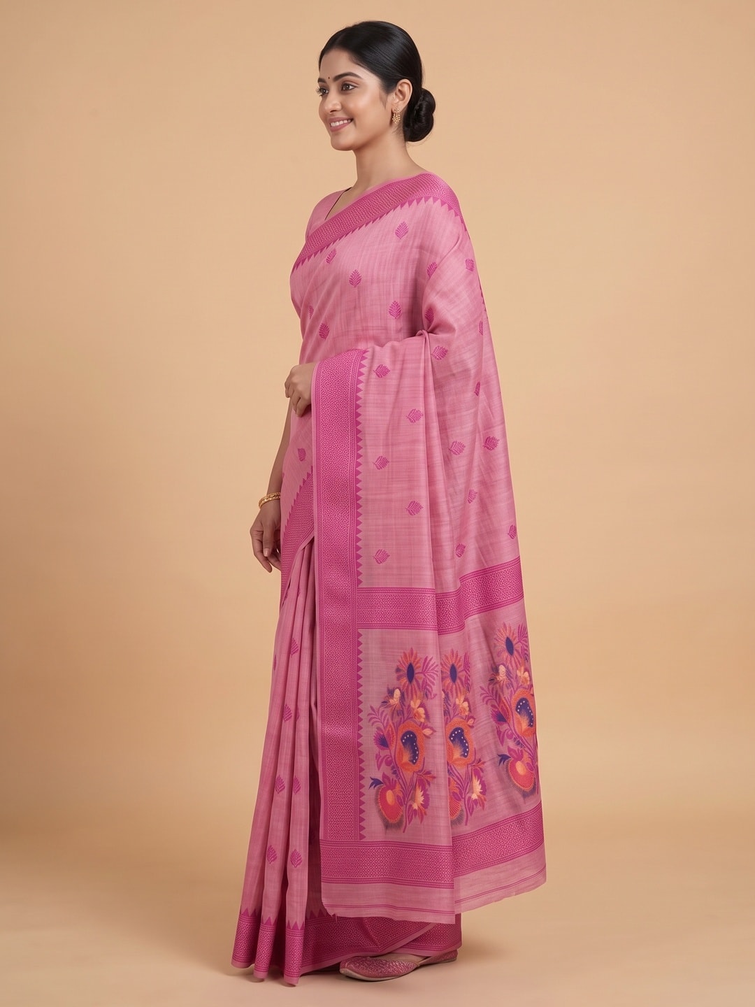 Peachmode Pink Jamdani Cotton Woven Saree - Image 3