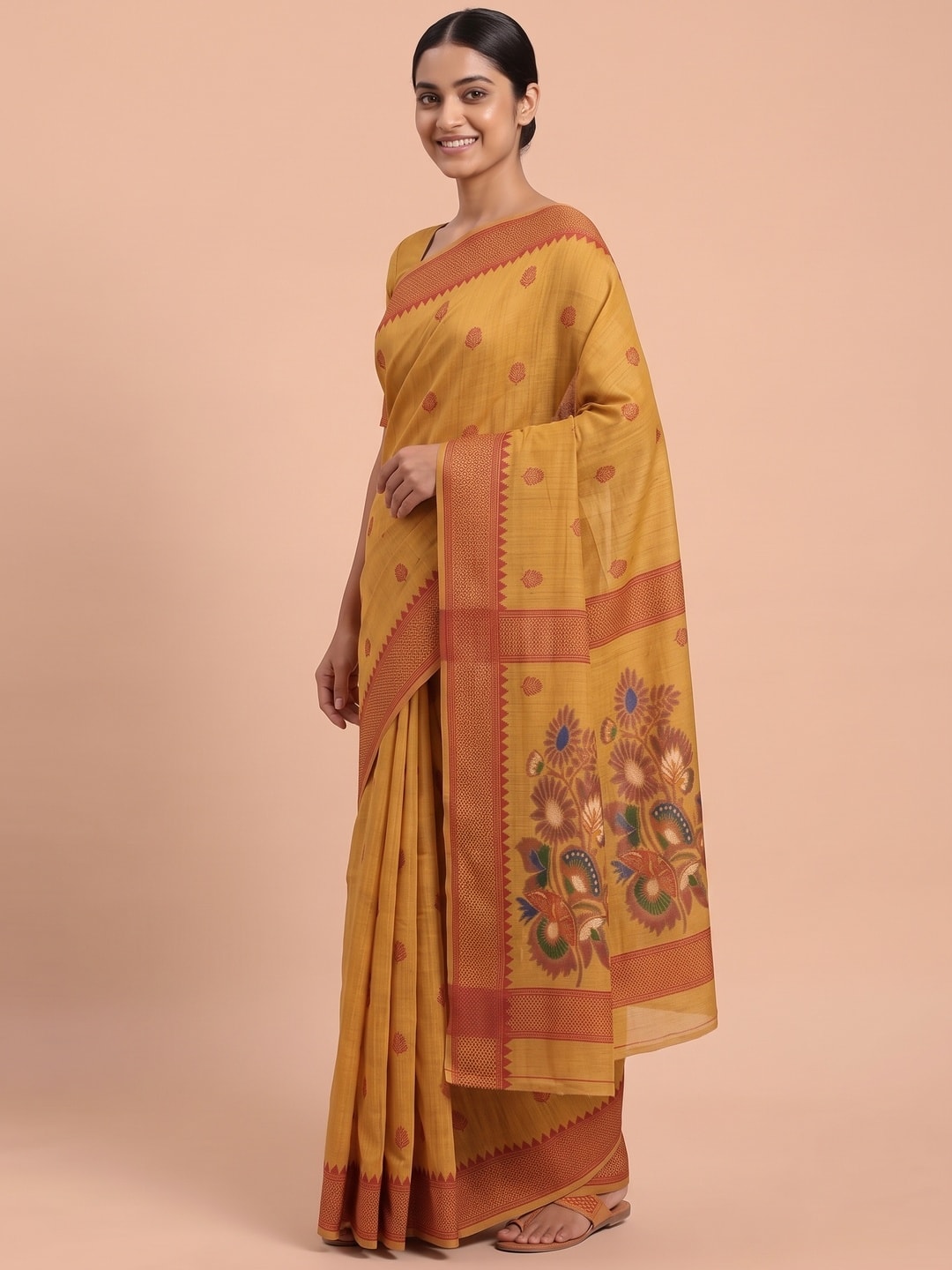 Peachmode Mustard Jamdani Cotton Woven Saree - Image 2