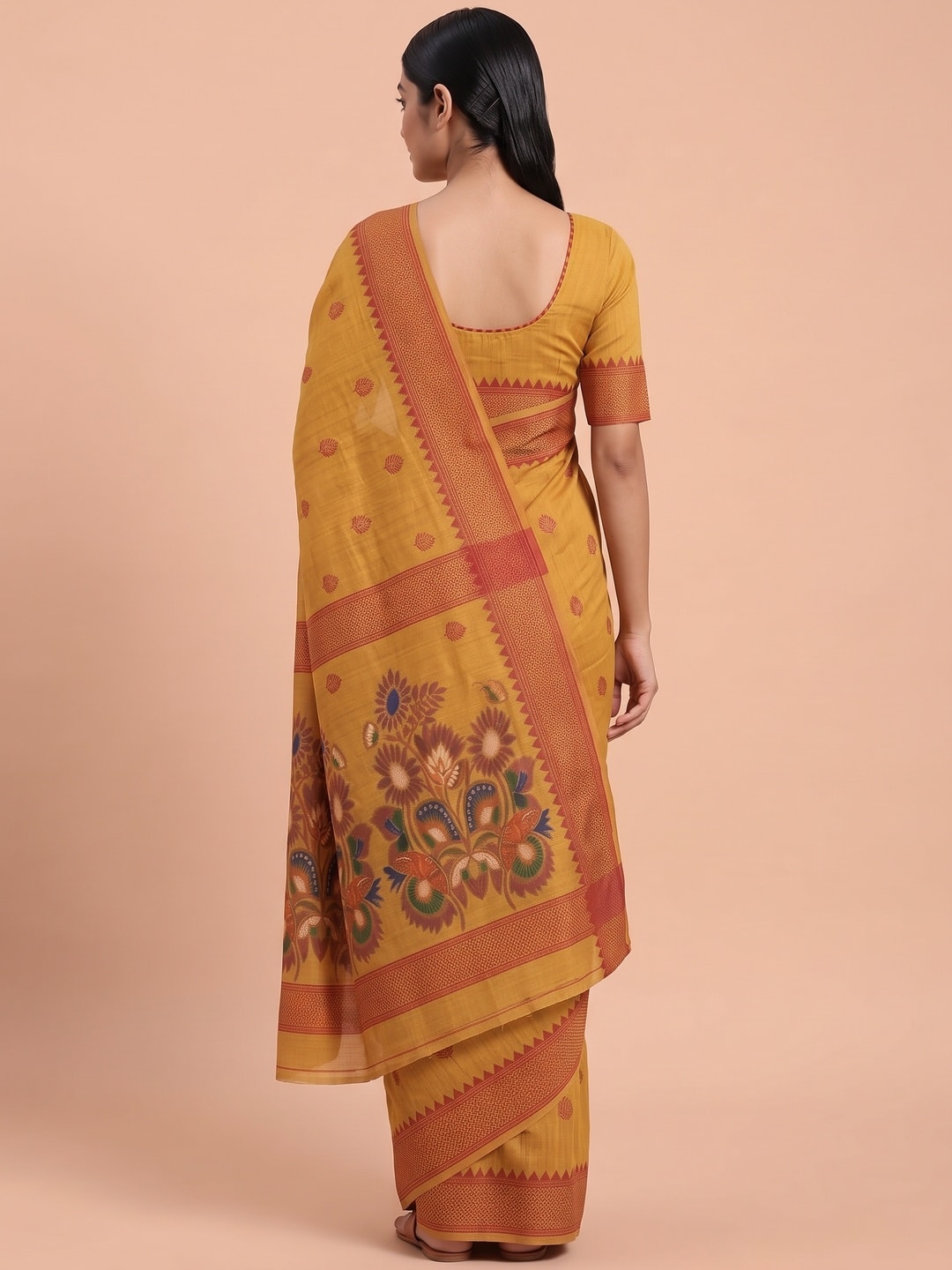 Peachmode Mustard Jamdani Cotton Woven Saree - Image 3