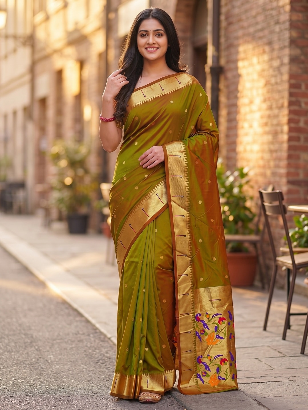 Peachmode Olive Pure Silk Peacock Woven Saree - Image 2