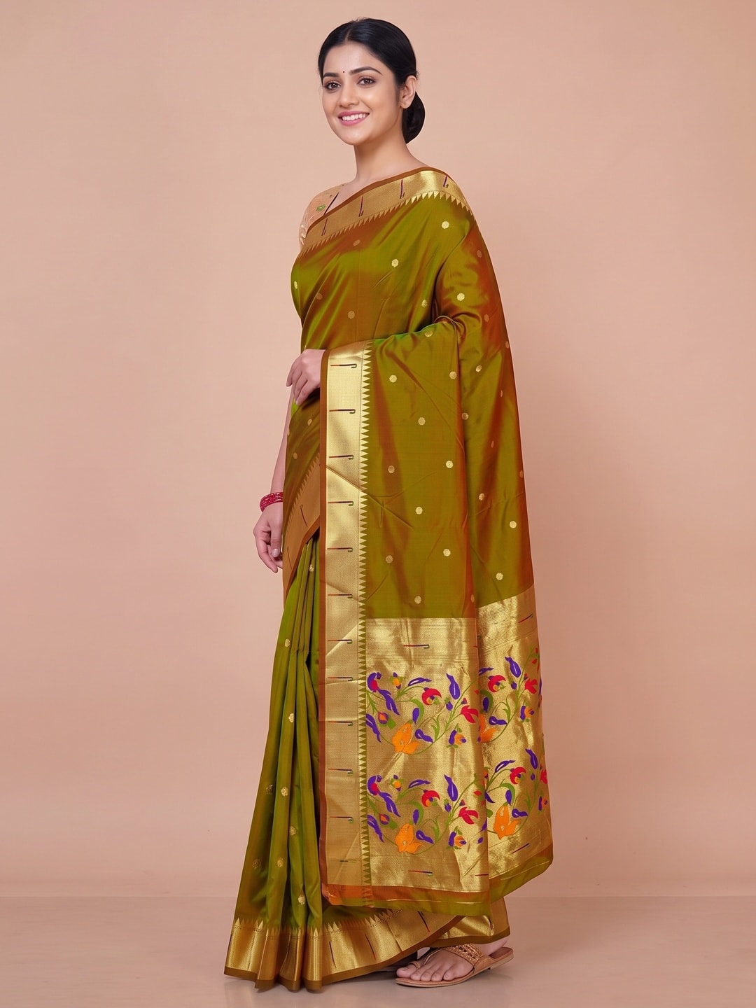 Peachmode Olive Pure Silk Peacock Woven Saree - Image 3
