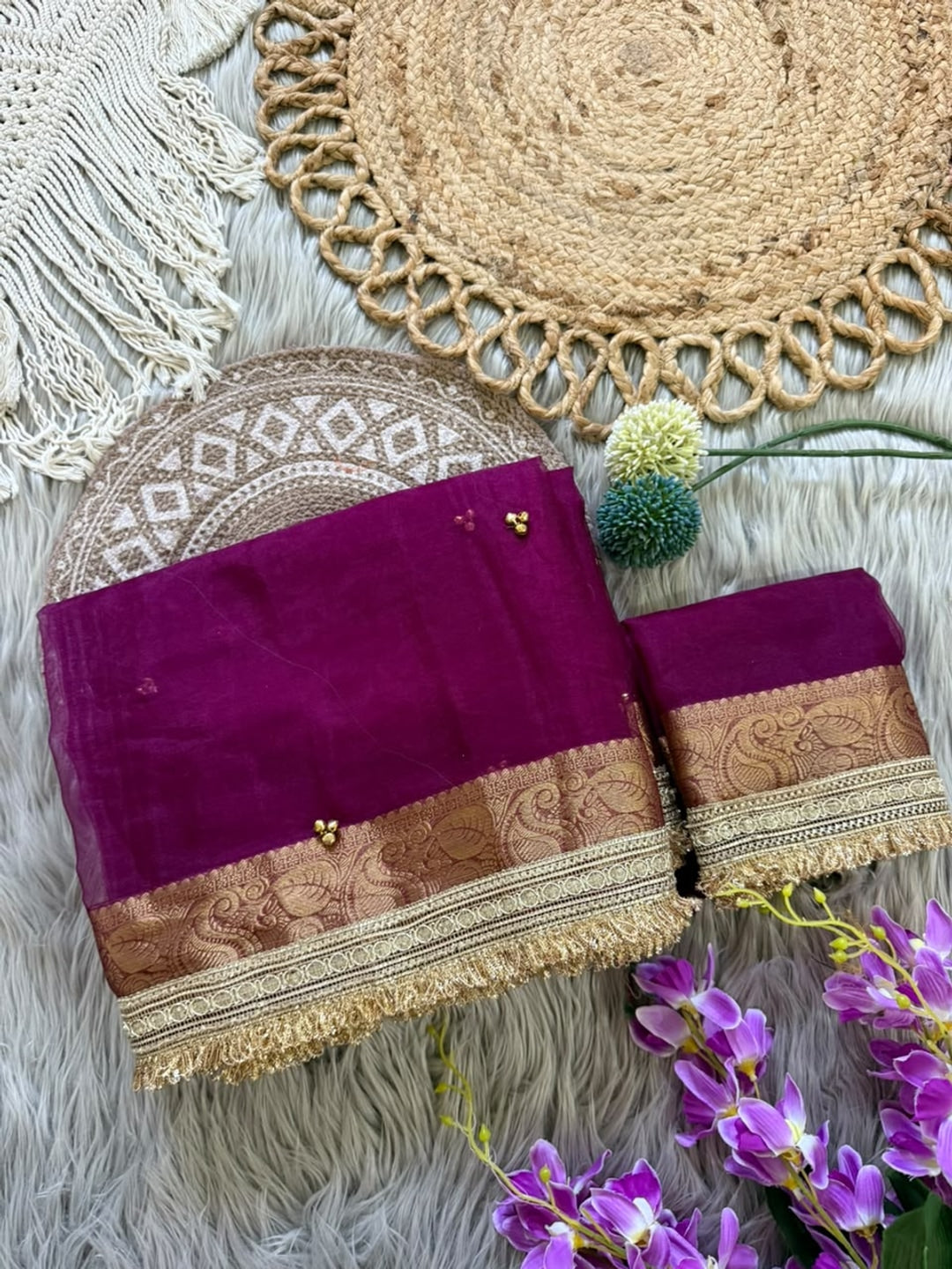 Peachmode Magenta Ghungroo Embroidered Nylon Organza Saree With Jacquard Border And Designer Lace - Image 5