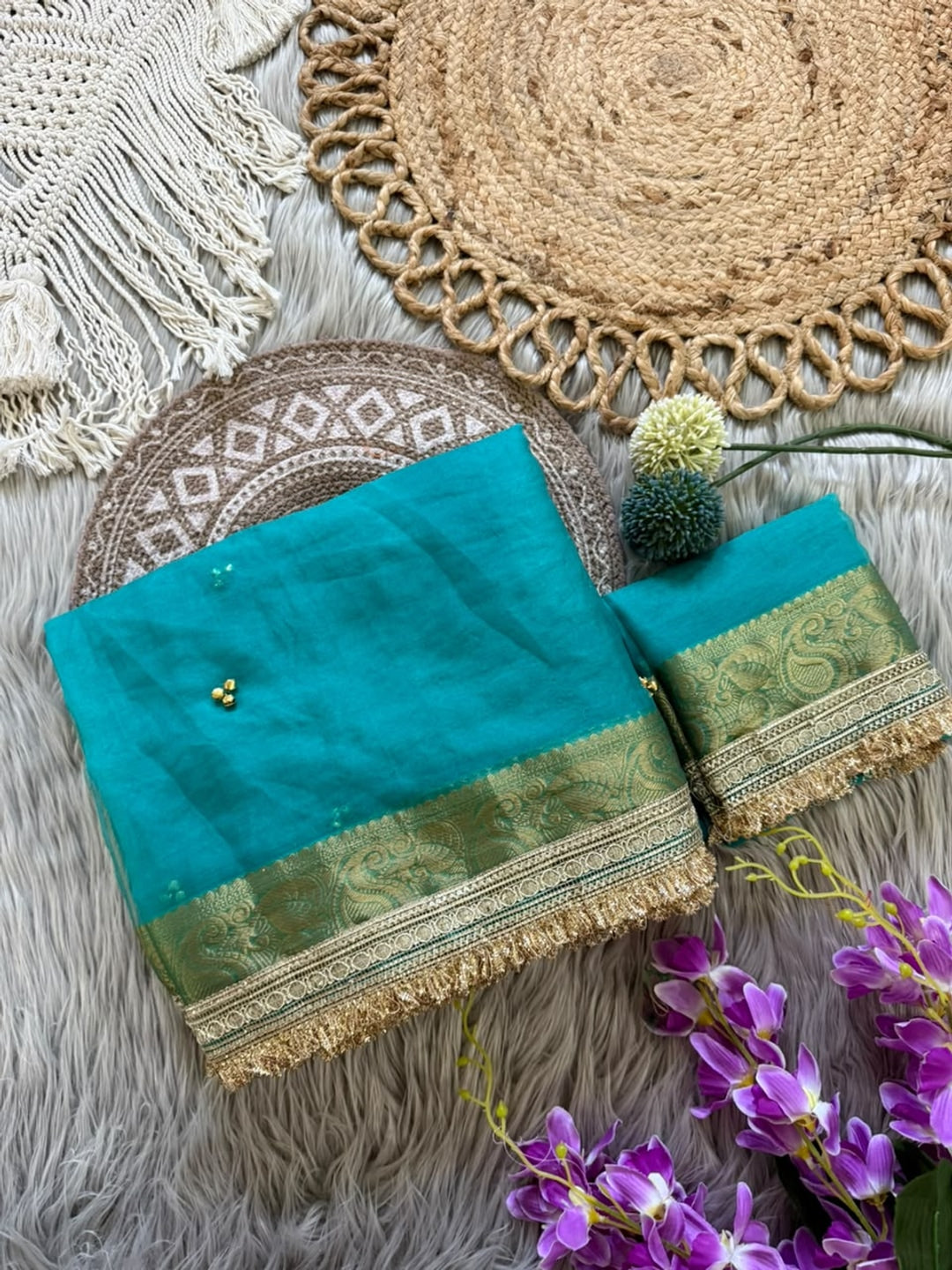 Peachmode Turquoise Ghungroo Embroidered Nylon Organza Saree With Jacquard Border And Designer Lace - Image 4