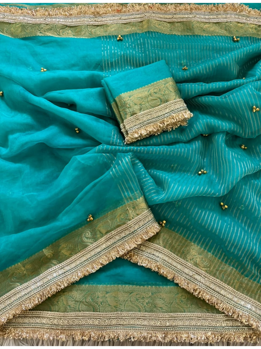 Peachmode Turquoise Ghungroo Embroidered Nylon Organza Saree With Jacquard Border And Designer Lace - Image 5