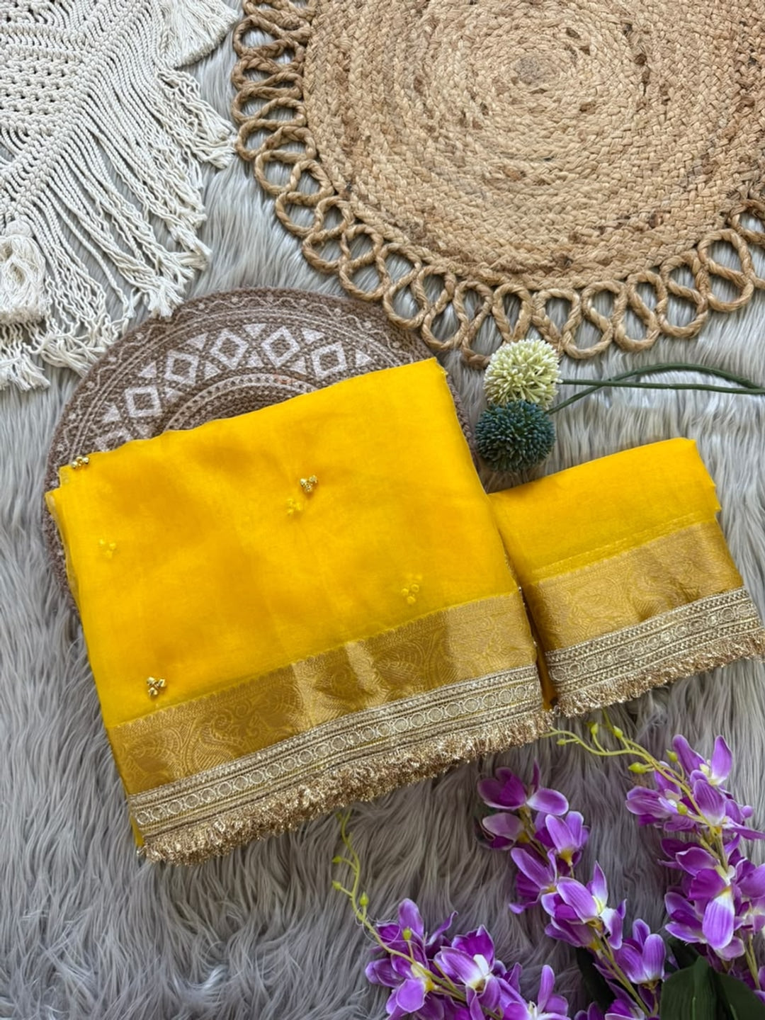 Peachmode Yellow Ghungroo Embroidered Nylon Organza Saree With Jacquard Border And Designer Lace - Image 4