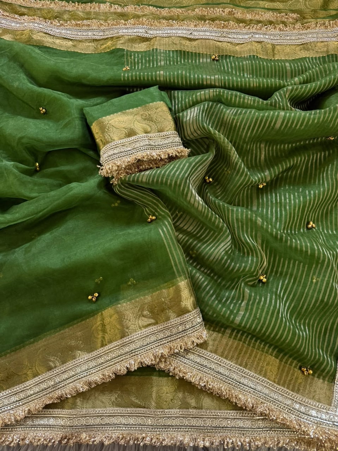 Peachmode Green Ghungroo Embroidered Nylon Organza Saree With Jacquard Border And Designer Lace - Image 5