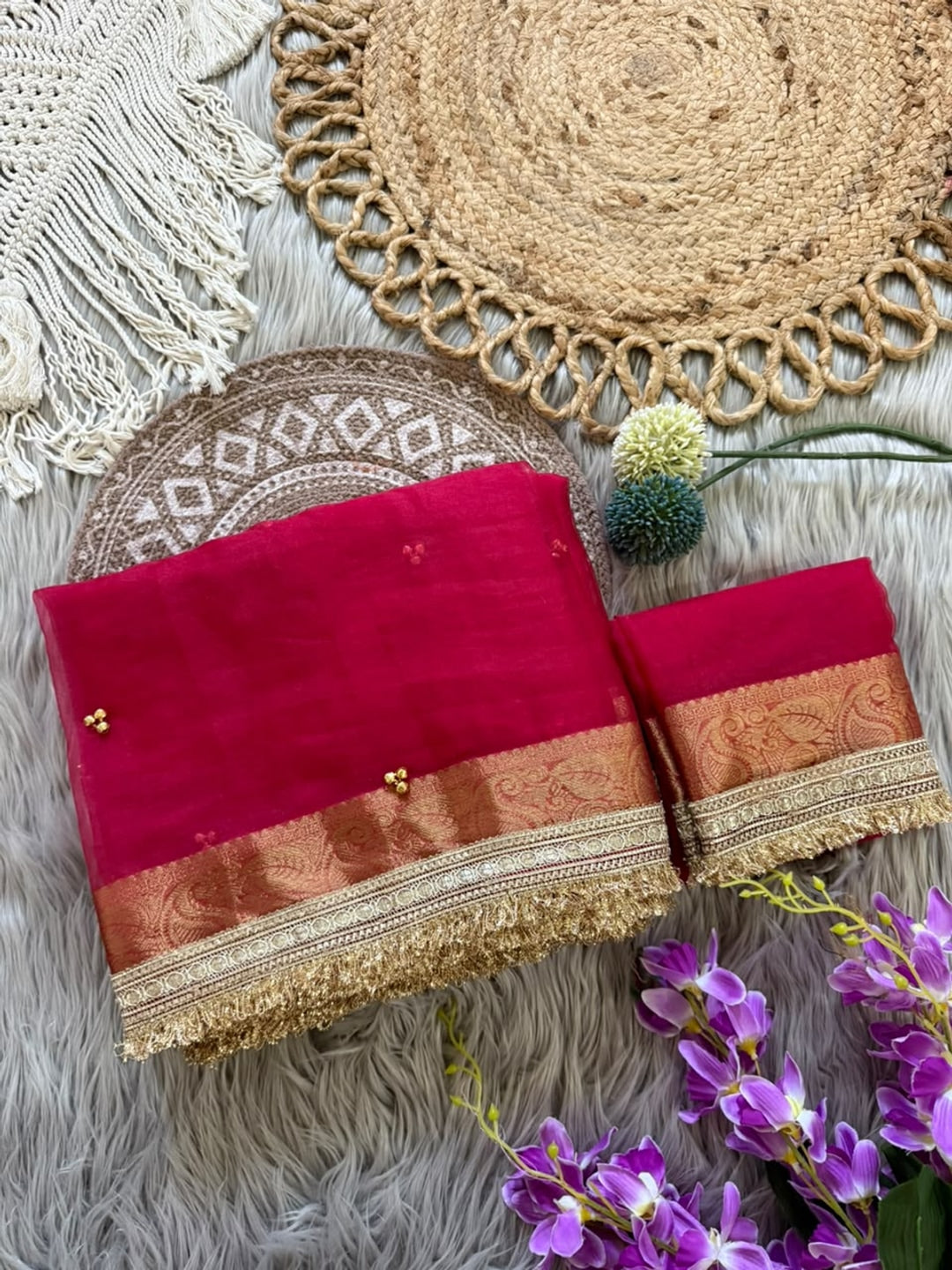 Peachmode Pink Ghungroo Embroidered Nylon Organza Saree With Jacquard Border And Designer Lace - Image 4