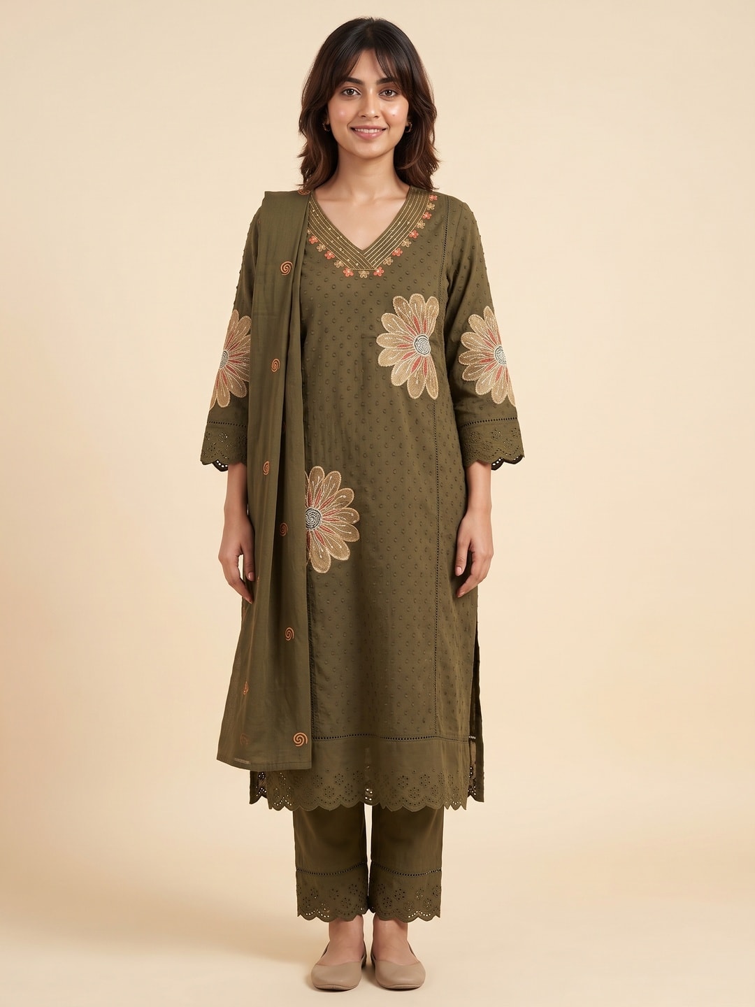 Peachmode Olive Cotton Dobby Salwar Suit With Floral Applique - Image 1