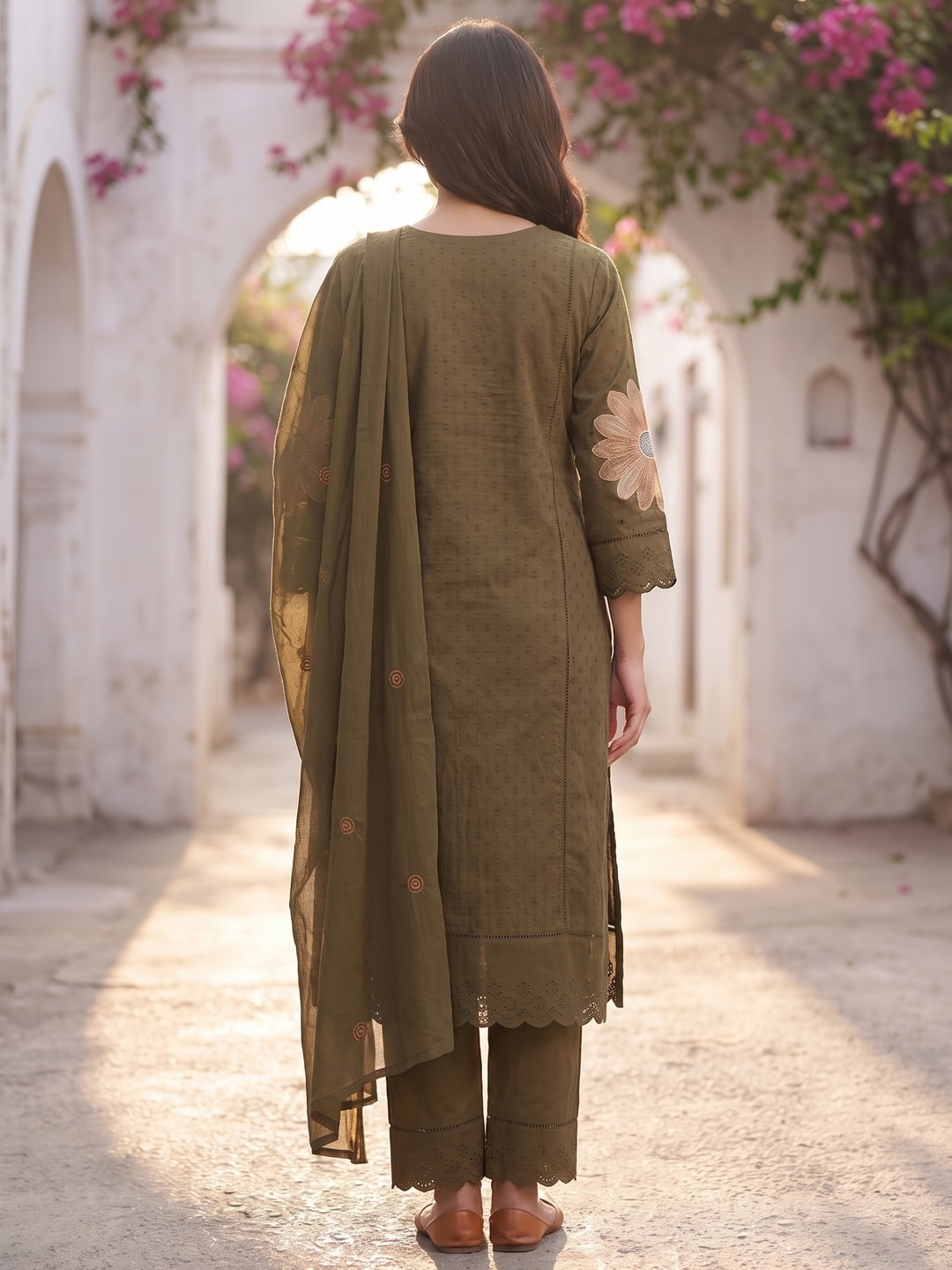 Peachmode Olive Cotton Dobby Salwar Suit With Floral Applique - Image 4