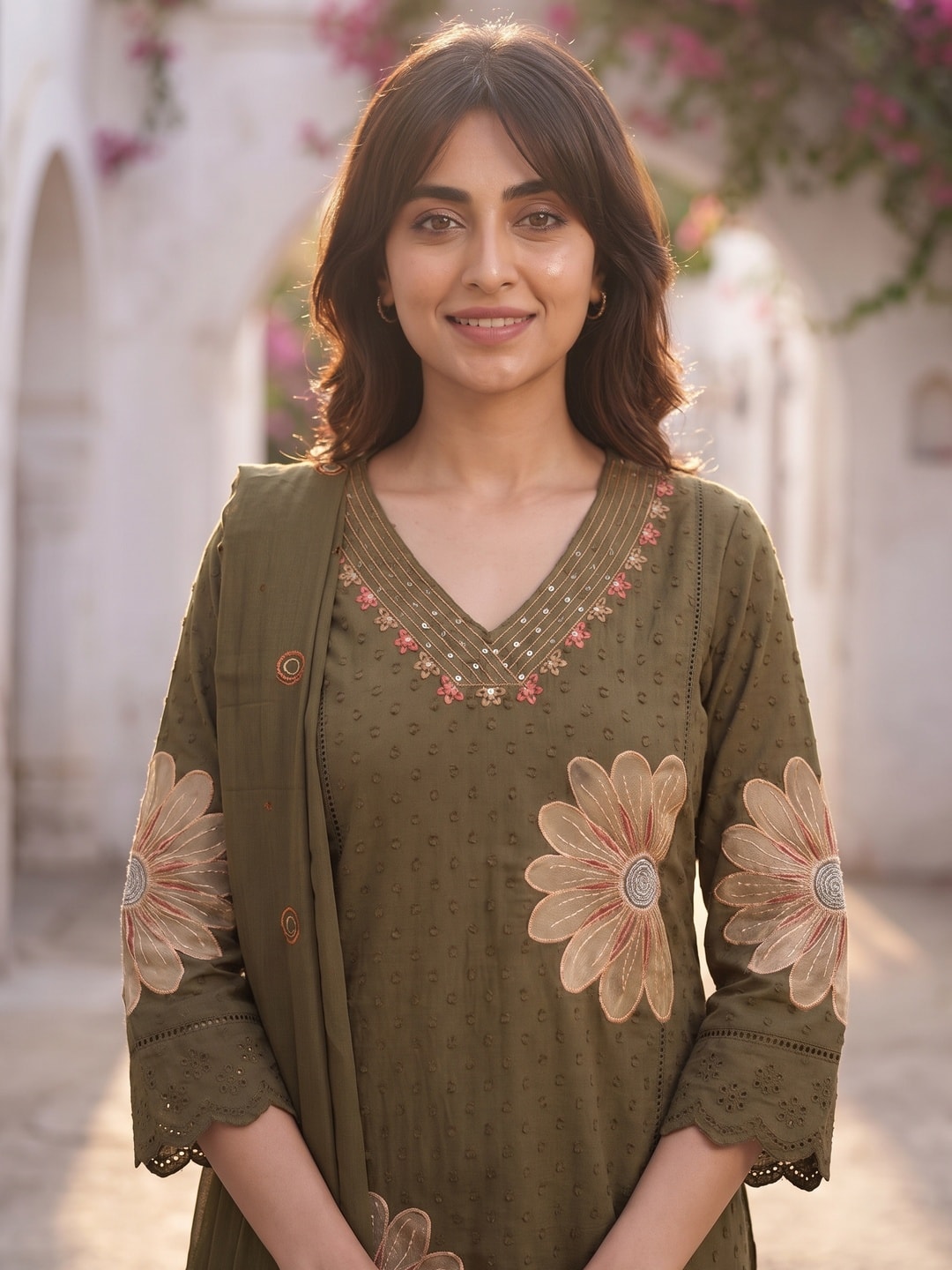 Peachmode Olive Cotton Dobby Salwar Suit With Floral Applique - Image 5