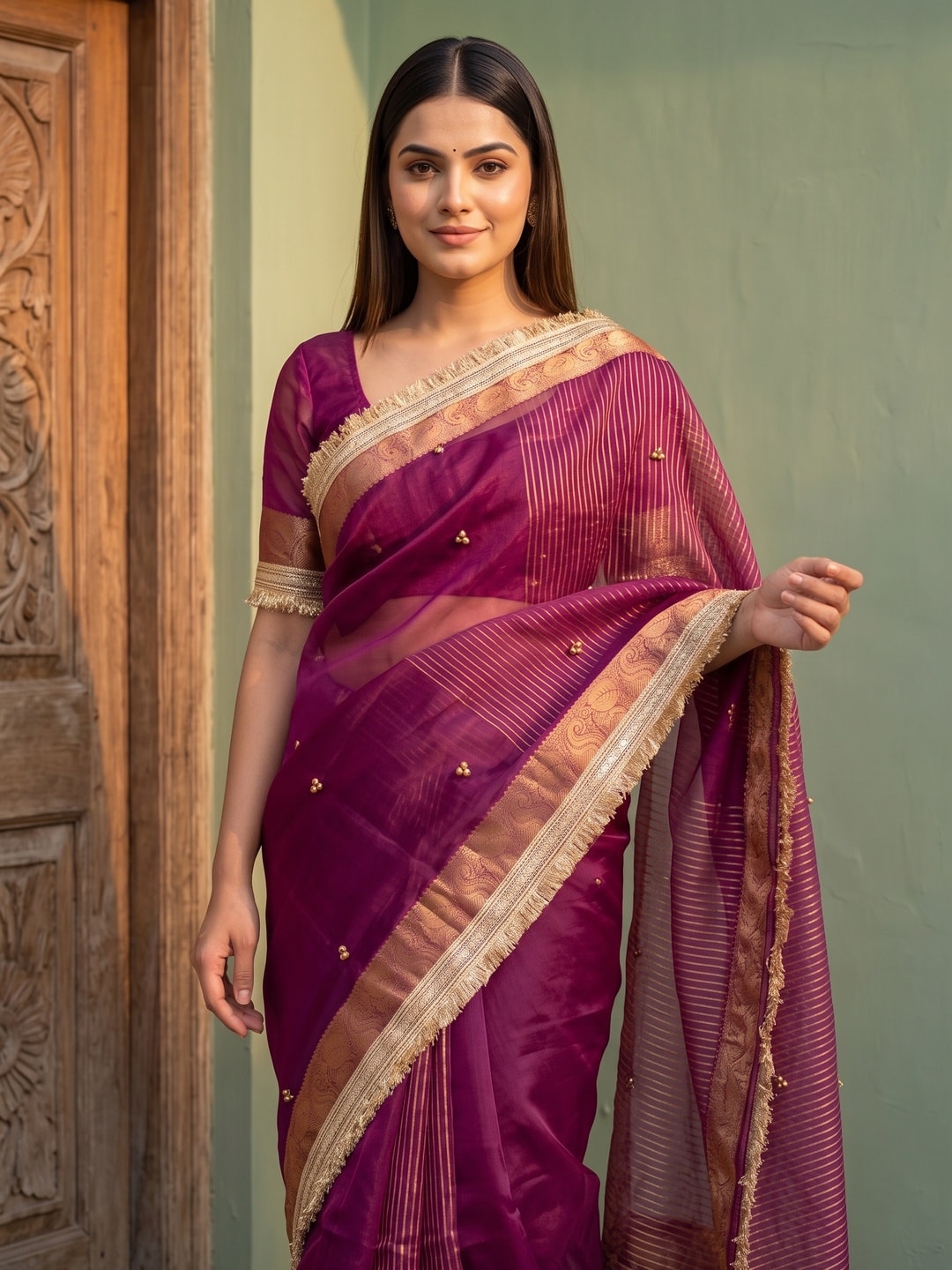 Peachmode Magenta Ghungroo Embroidered Nylon Organza Saree With Jacquard Border And Designer Lace - Image 3