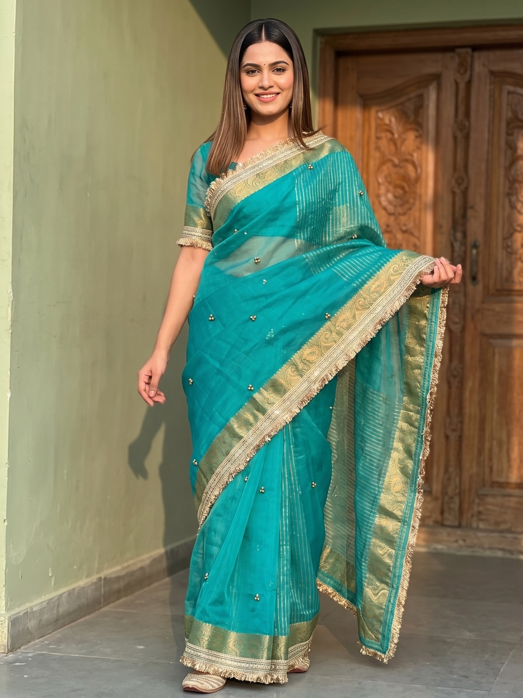 Peachmode Turquoise Ghungroo Embroidered Nylon Organza Saree With Jacquard Border And Designer Lace - Image 1
