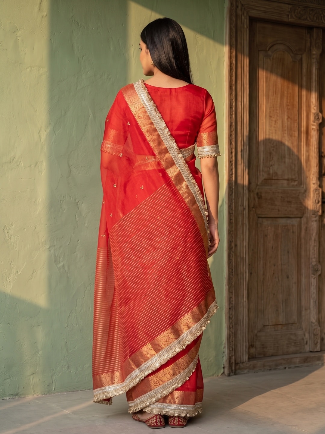 Peachmode Red Ghungroo Embroidered Nylon Organza Saree With Jacquard Border And Designer Lace - Image 2
