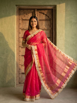 Peachmode Pink Ghungroo Embroidered Nylon Organza Saree With Jacquard Border And Designer Lace - Image 1
