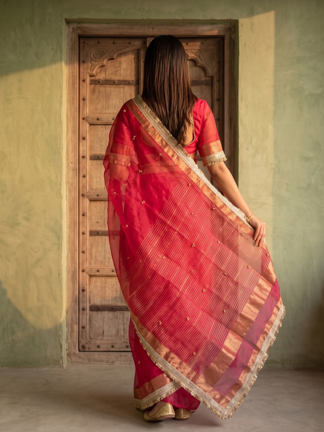 Peachmode Pink Ghungroo Embroidered Nylon Organza Saree With Jacquard Border And Designer Lace - Image 3